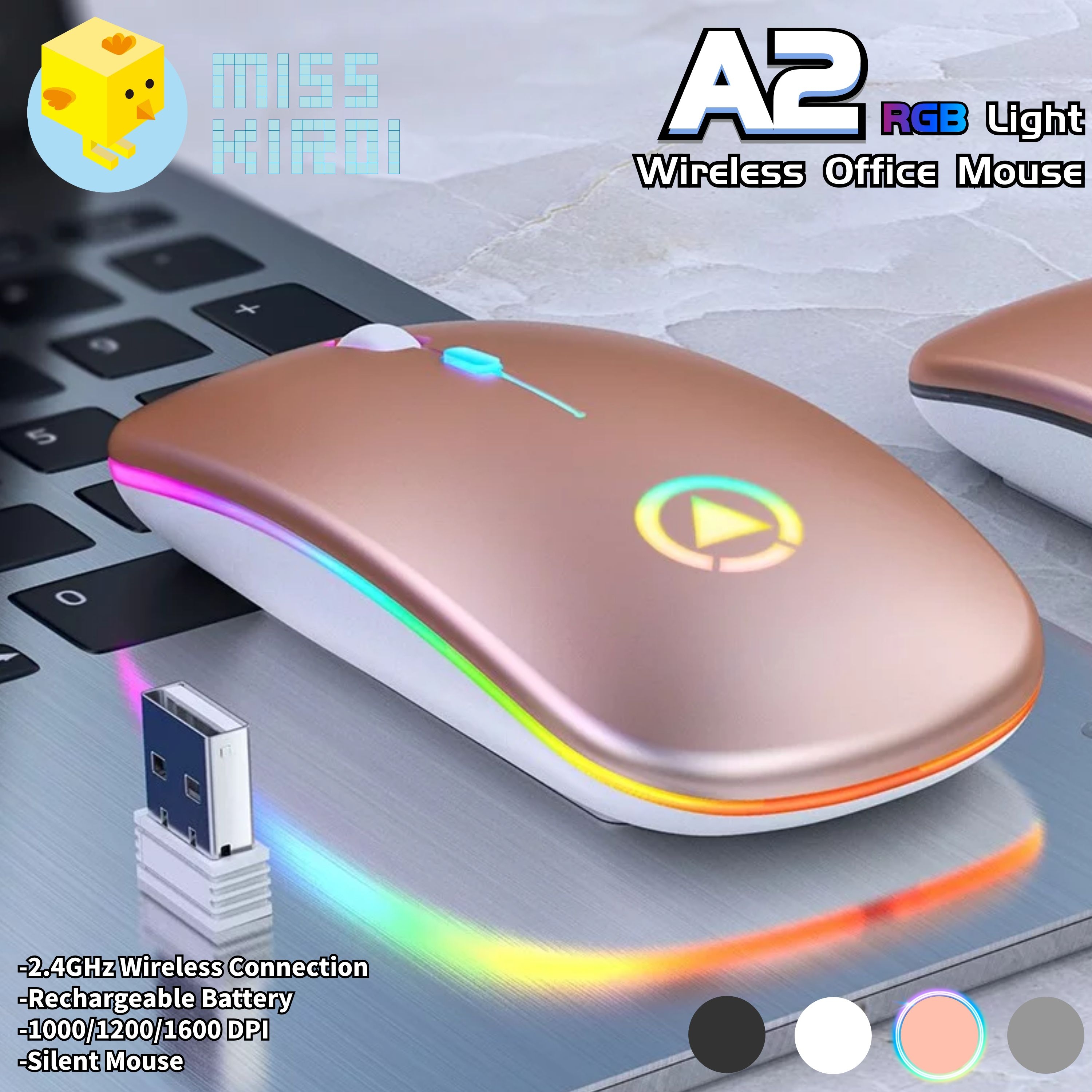 [HOT] Miss Kiroi Model A2 เมาส์เก็บเสียง เงียบไร้เสียง Office 2.4GHz Wireless Silent Mouse RGB Backlight DPI 1000-1600