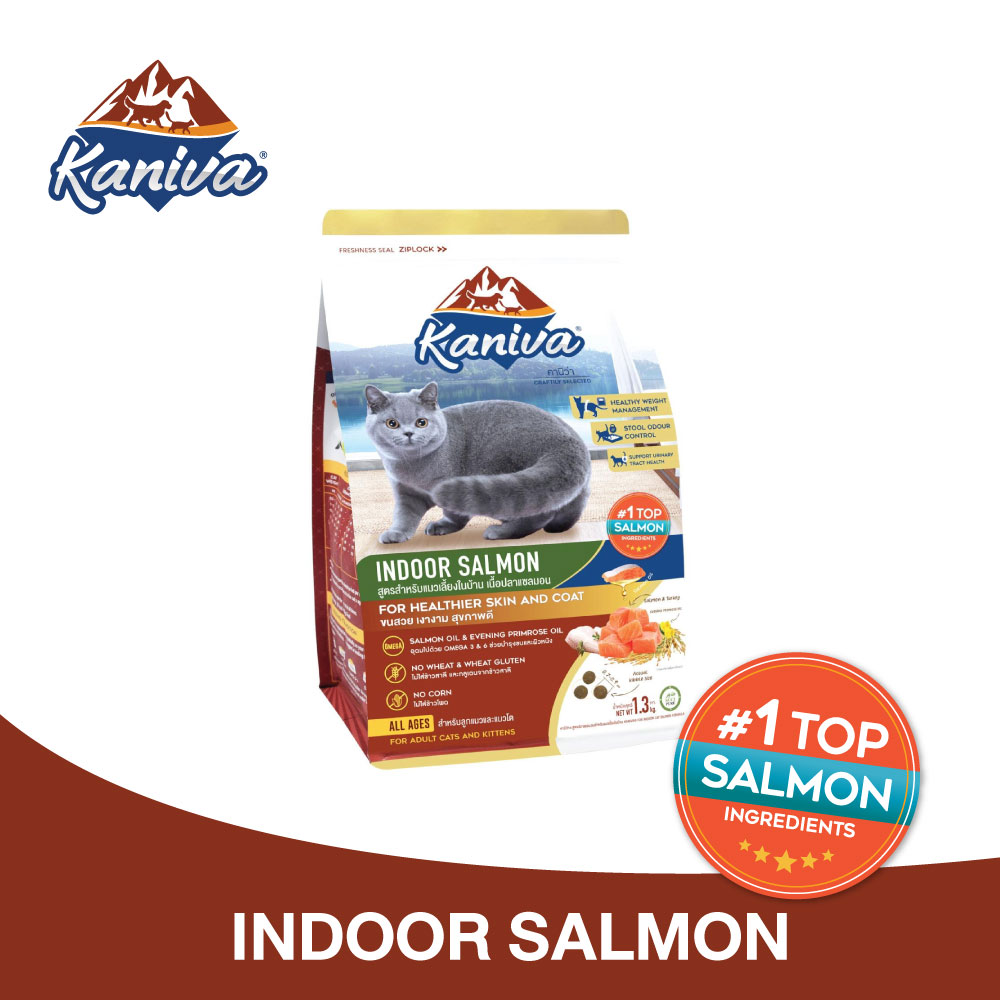 Kaniva Indoor Salmon อาหารแมวคานิว่า สูตรสำหรับแมวเลี้ยงภายในบ้าน เนื้อปลาแซลมอน ขนาด 1.3 kg ราคา 256 บาท*ส่งฟรี