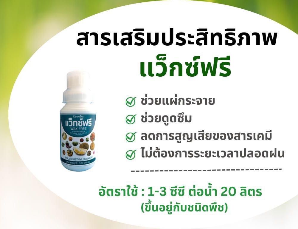 แว๊กซ์ฟรี ยาจับใบ กิฟฟารีน ตัวใหม่ ตัวช่วยต้อนรับหน้าฝนที่เกษตรกรต้องมี สารเสริมประสิทธิภาพ อัตราการใช้ 1-3 ซีซี ต่อน้ำ20ลิตร ราคา 249 บาท*ส่งฟรี