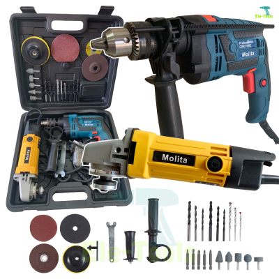 (แพ็คคู่)MOLITA เครื่องเจียร์ หินเจียร์ ลูกหมู 4 นิ้วMT954 สีเหลือง 1100W + สว่านไฟฟ้า 5 หุน 1350W 16ER แถมฟรี!! ดอกสว่าน ดอกเจียร ใบตัด และอุปกรณ์รวม 31