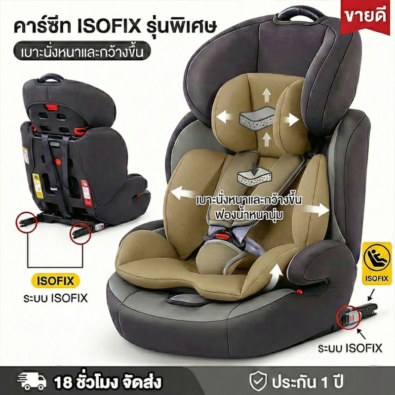 Beige คาร์ซีทเด็ก ISOFIX เบาะนั่งนิรภัยเด็ก 0-12ปี รองรับรถทุกรุ่น รับน้ำหนัก50กก นั่ง/นอนได้ ปรับเบาะนั่งหัวนุ่ม Carseat