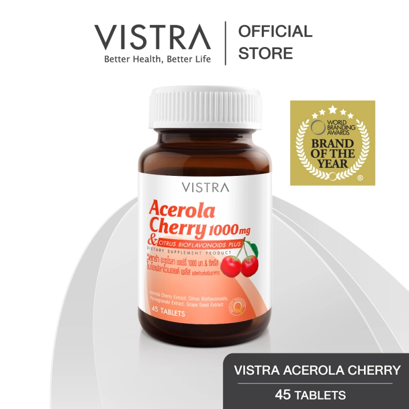 ภาพหน้าปกสินค้าVISTRA Acerola Cherry 1000 mg & Citrus Bioflavonoids Plus - วิสทร้า อะเซโรลาเชอรี่ 1000 มก. & ซิตรัส ไบโอฟลาโวนอยด์ พลัส ( 45 เม็ด )