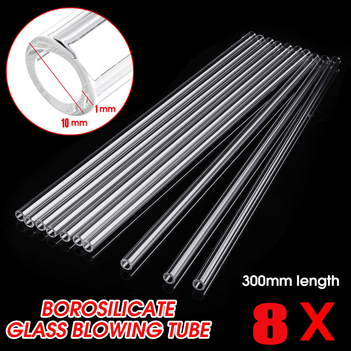 8Pcs 300mm Length OD 10mm 1mm Thick Wall Lab Borosilicate Glass Blowing Tube
