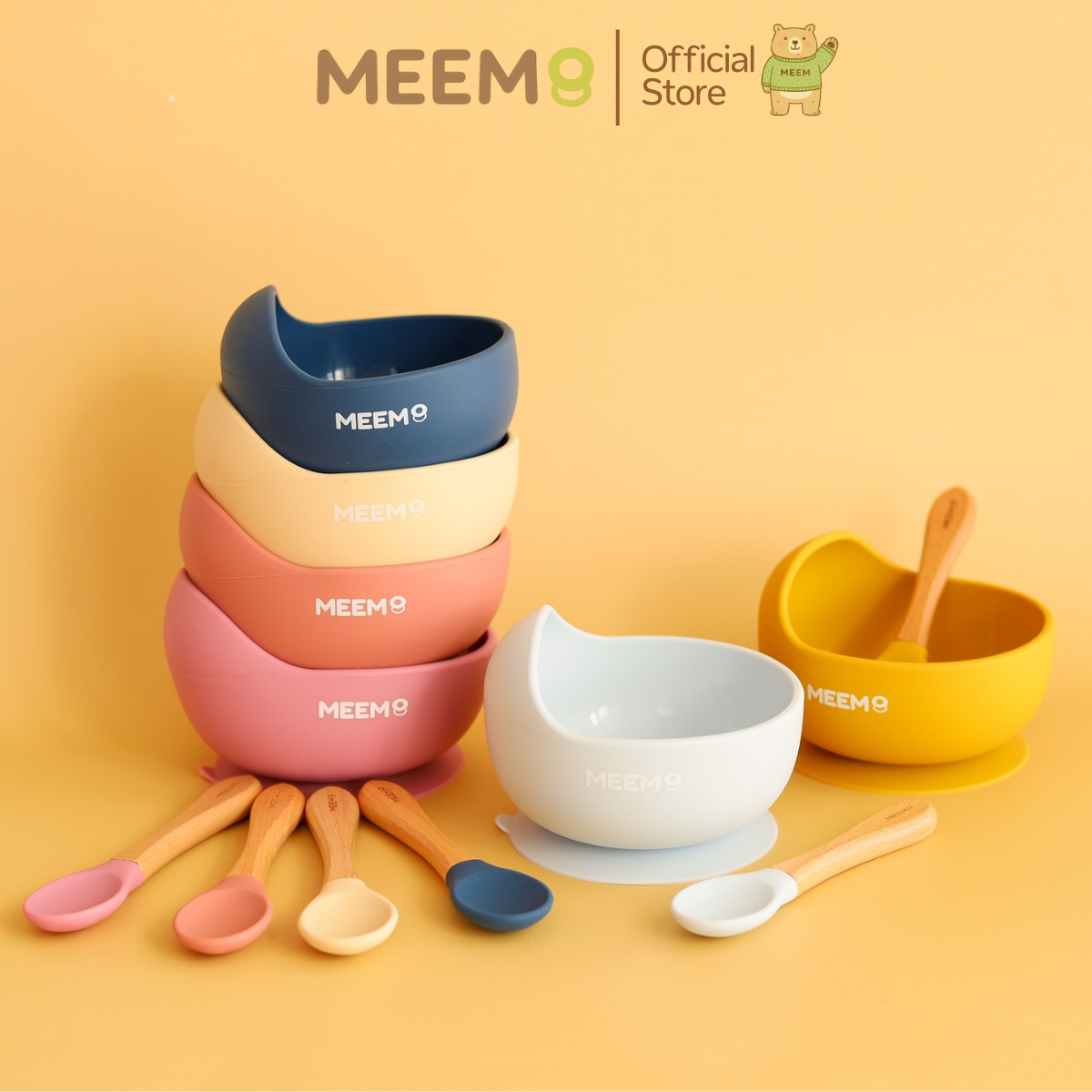 Meem Silicone Children's Rice Bowl Comes with a Silicone Spoon with a Wooden Handle, Woody Model, Has a Suction Base That Sticks Firmly to the Table and Won'T Fall over (Colorful Series) ราคา 268 บาท*ส่งฟรี