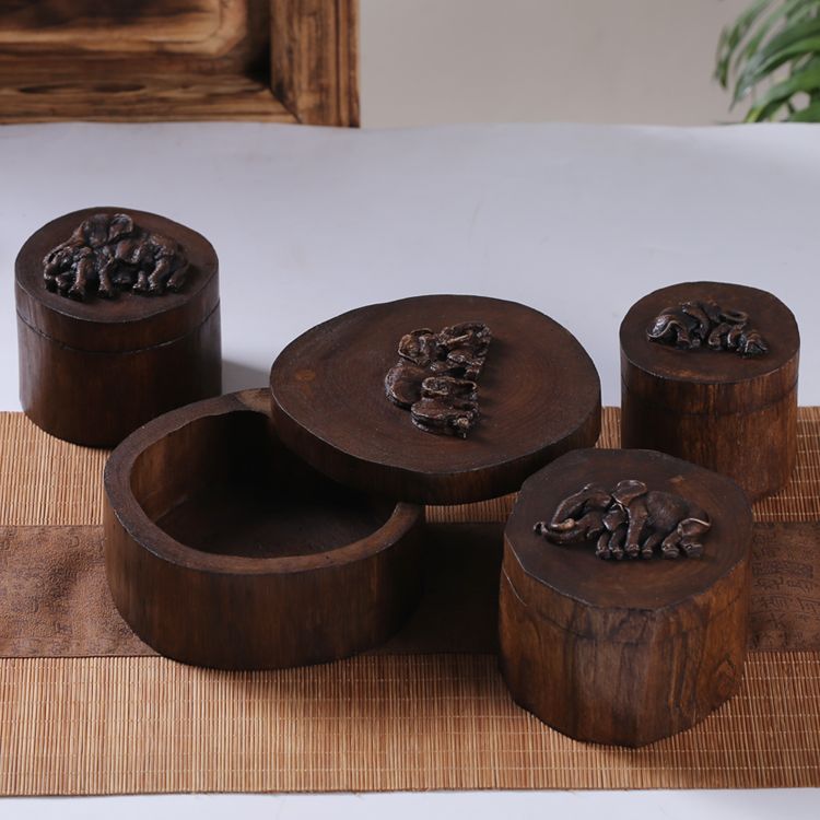 THAILUCKY Small round storage box teak jewelry box with lid elephant pattern retro style available in four sizes for gift giving and home decoration ราคา 99 บาท*ส่งฟรี