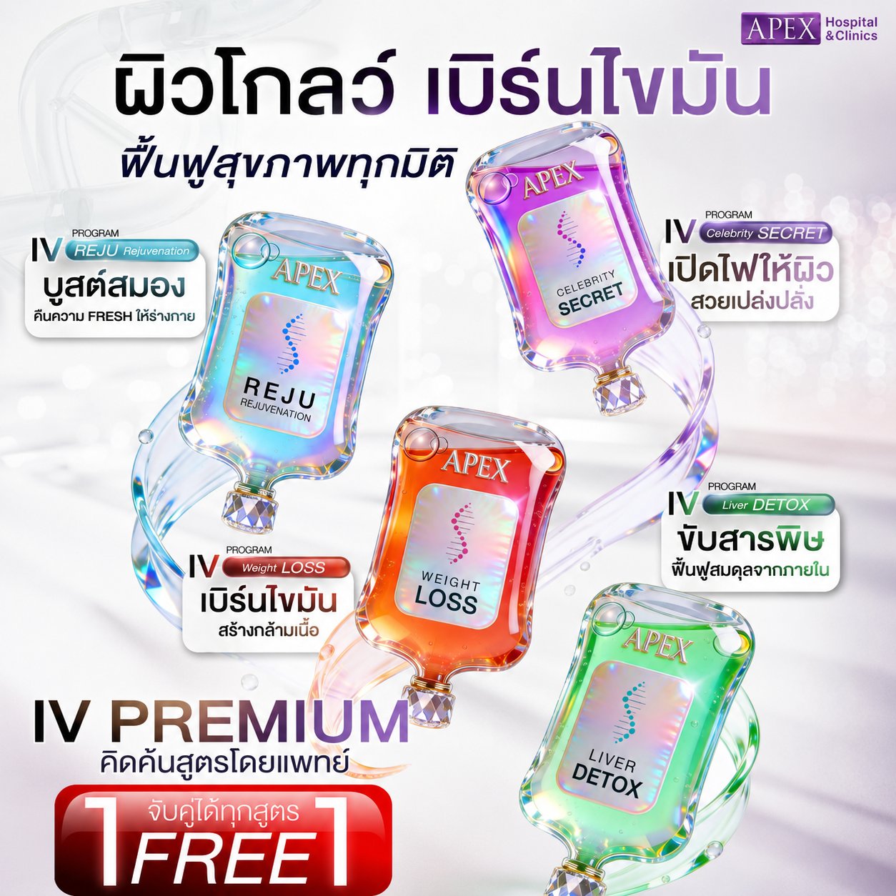 [E-Voucher] Apex Drip Skin Vitamin Iv Drip Premium Buy 1 Get 1 Free, Price 4990 Baht, Restore Health, Whiten, Hydrate, Choose the Formula You Want (1 Person, 1 Right). ราคา 4,990 บาท*ส่งฟรี