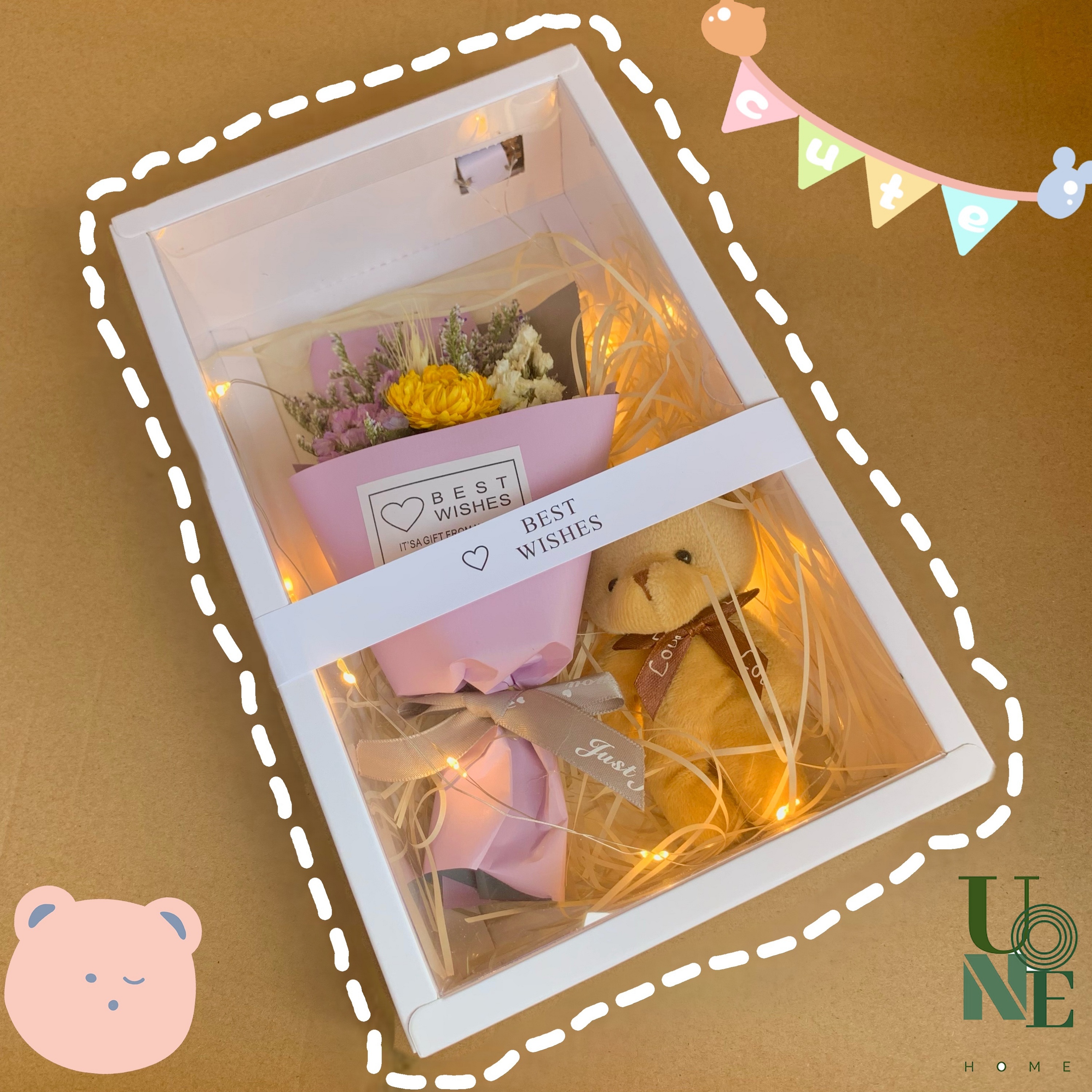 Uonehome พร้อมส่ง ♥ H048 ช่อดอกไม้แห้ง พร้อมตุ๊กตาหมี มีไฟLed กล่องสีขาว  ของขวัญวันเกิด ให้เพื่อนให้แฟน ของขวัญวาเลนไทน์ | Lazada.Co.Th