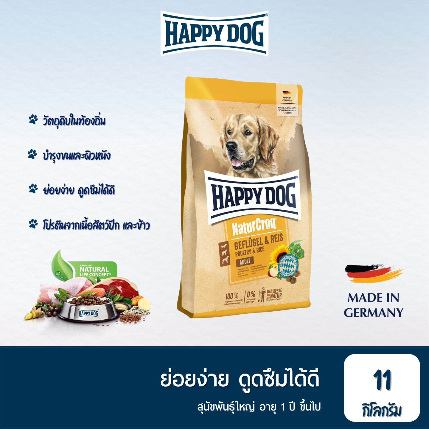 Happy Dog Naturcroq Geflügel Pur & Reis Adult Dog Food, Good Quality Poultry and Rice Formula, 11 Kg. ราคา 1,487 บาท*ส่งฟรี