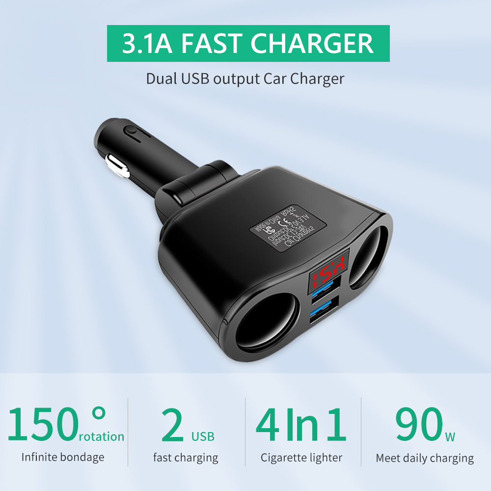 ที่ชาร์จเร็วในรถ New Quick USB Car Charger Quick Charge socket ที่ชาร์จเร็วในรถ Car charger adapter Multi-Function Universal Car Charger 2 Socket Adapter with 2 USB Port Universal Fast Charging