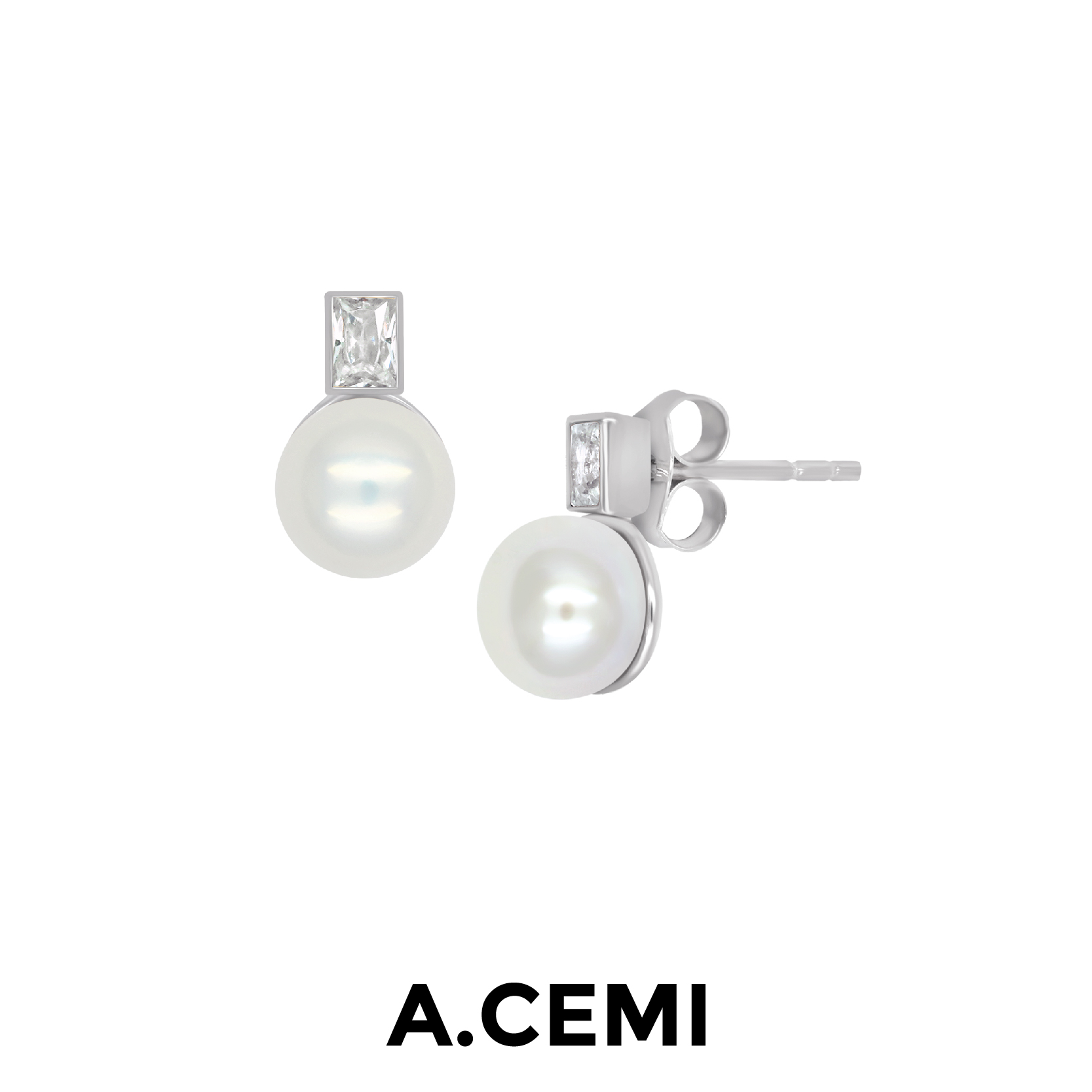 A.CEMI Baguette Pearl Stud Earring ต่างหูมุกแท้ ต่างหูเงินแท้ ชุบทอง 18K โรสโกลว์ ต่างหูดีไซน์ ราคา 2,950 บาท*ส่งฟรี