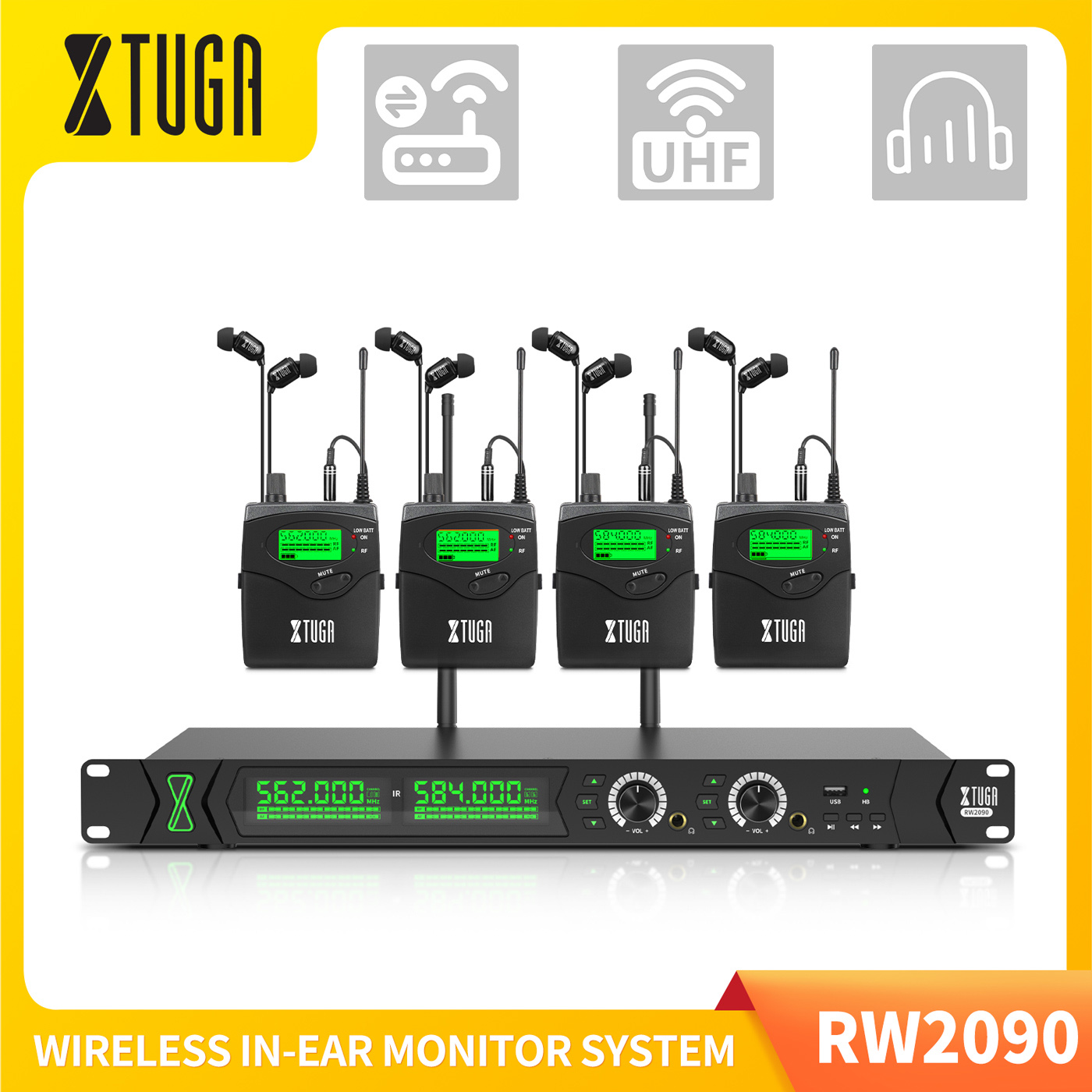 XTUGA RW2090 UHF Wireless In Ear Monitor System SR2050 Type 2 Channel Transmitter With 4 Bodypack Receiver, Support Bluetooth/USB Playback, Professional Used for DJ, Concert, Stage Performance Music Monitoring ราคา 7,599 บาท*ส่งฟรี