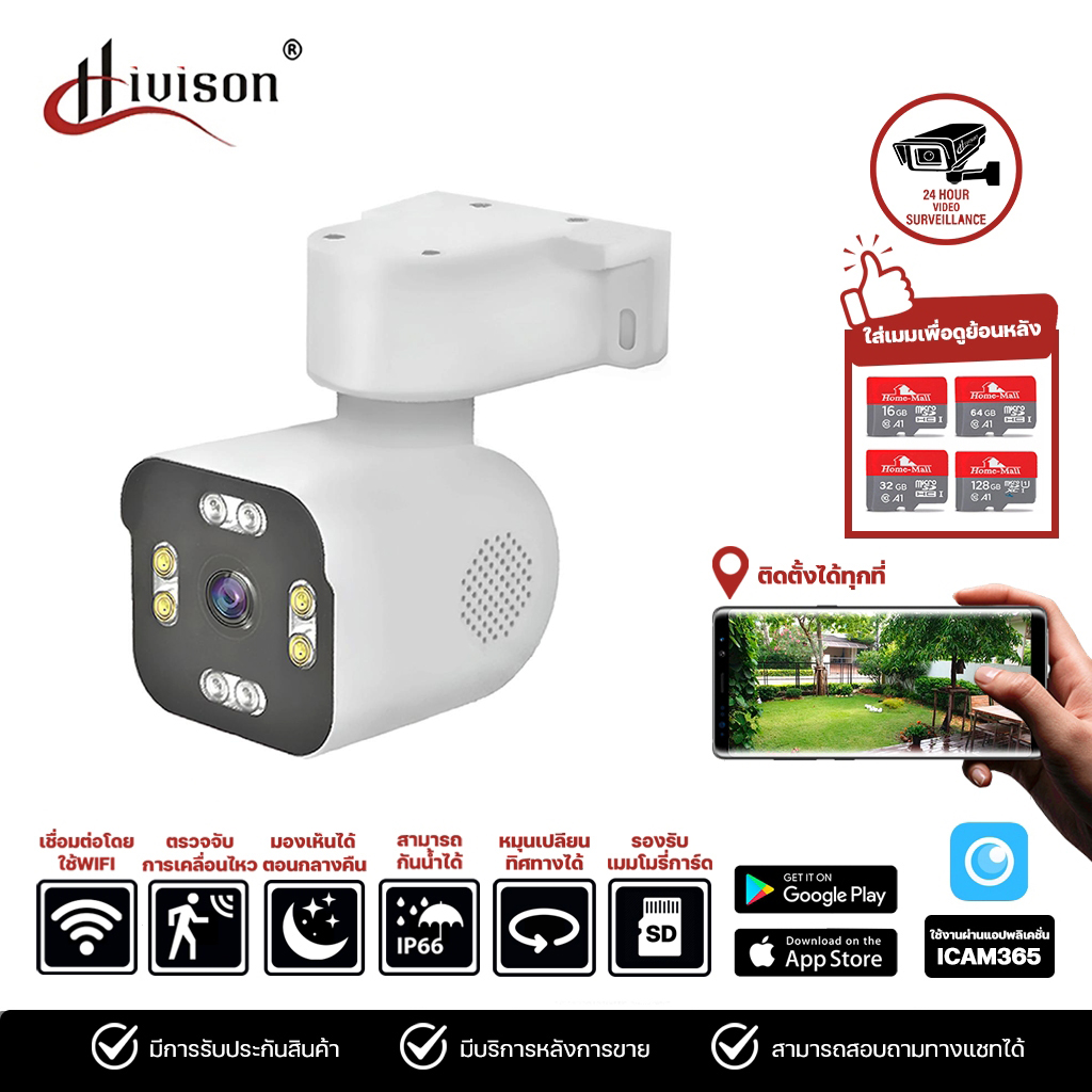 Hivison กล้องกันน้ำ YHA6S เชื่อมต่อไวไฟ กล้องหมุนได้ พูดตอบโต้ได้ สามารถมองเห็นภาพชัดในที่มืด app icam365 ราคา 710 บาท*ส่งฟรี