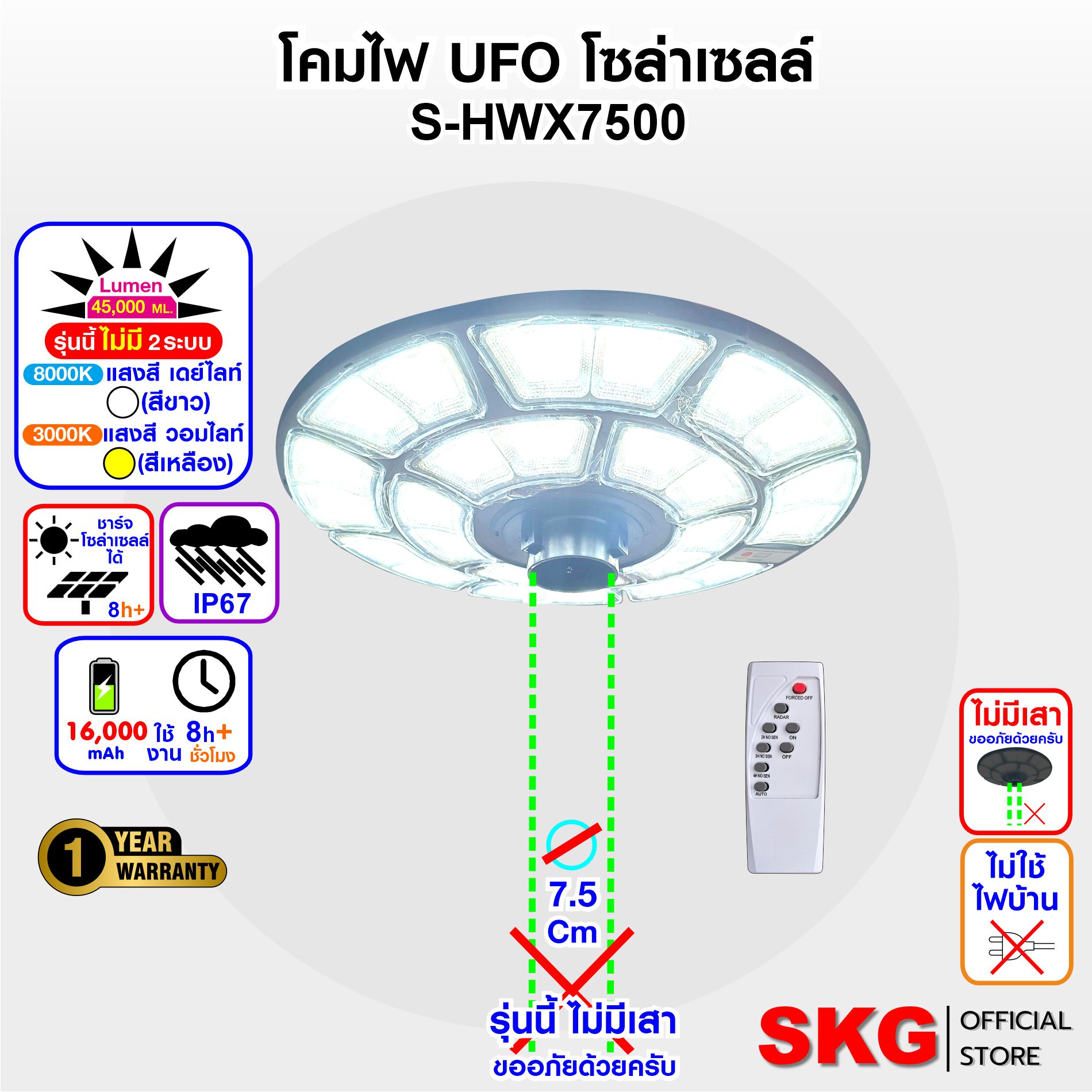 Skg Ufo Lamp, Solar Cell, Daylight, White, 8000K, Model S-Hwx7500, Choose Light Color 3000K (Yellow) 8000K (White) ราคา 2,720 บาท*ส่งฟรี