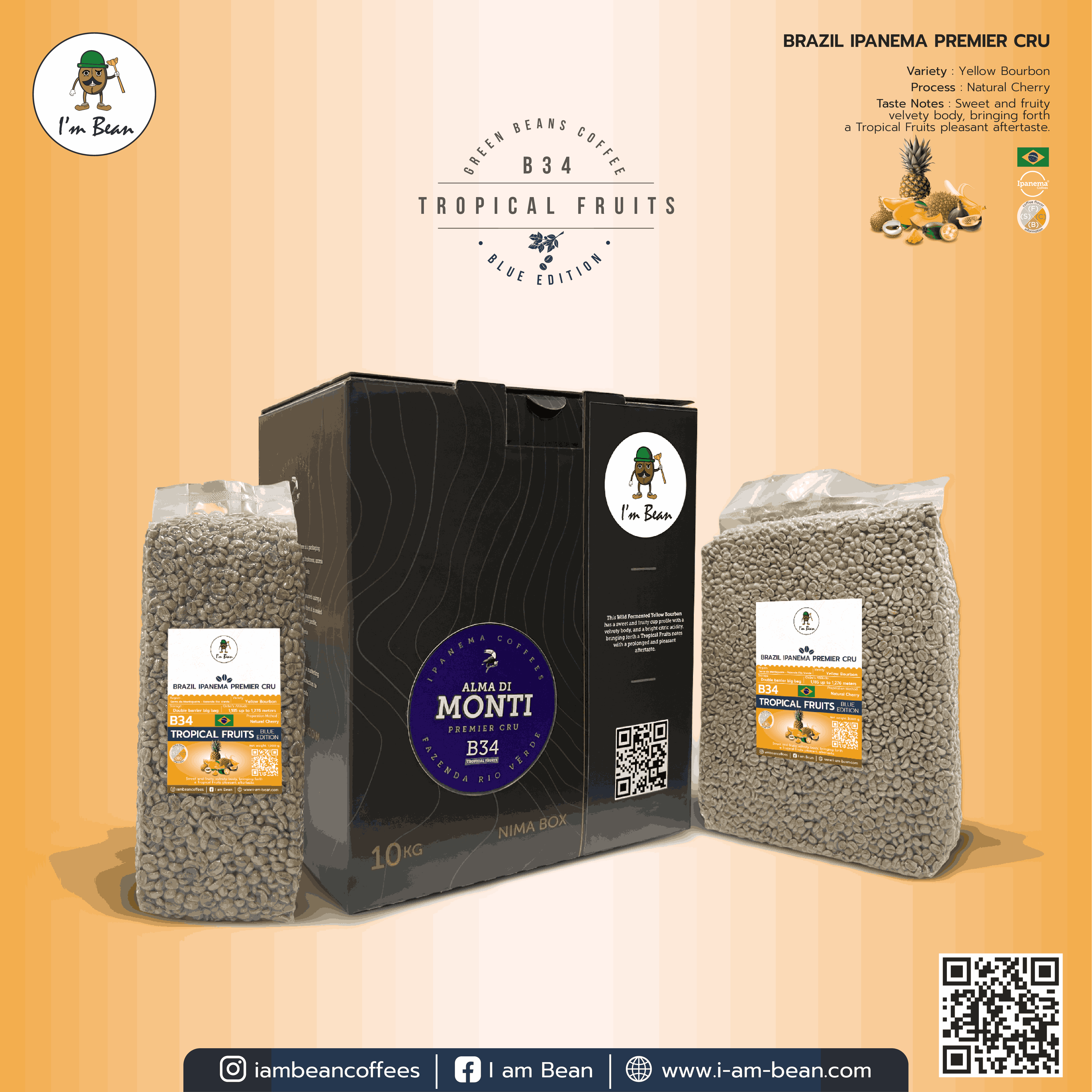 กาแฟคั่วบด กาแฟสำเร็จรูปพรีเมียม I AM BEAN (ไอแอมบีน) ถูกที่สุด สาร บราซิล Ipanema Premier CRU BLUE - B34 Tropical Fruits ขนาดบรรจุ 1 กก. และ 5 กก ราคา 5,850 บาท*ส่งฟรี