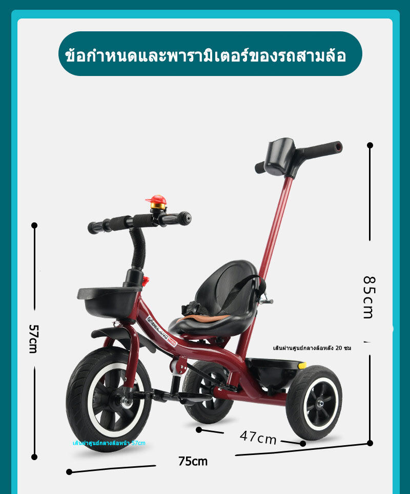 ภาพประกอบคำอธิบาย จักรยานเด็ก สามล้อถีบ เข็นได้ ล้อแรง มีตะกร้าหน้า-หลัง เบาะนุ่ม+เข็มขัดนิรภัย เด็ก 1-6 ขวบใช้ได้