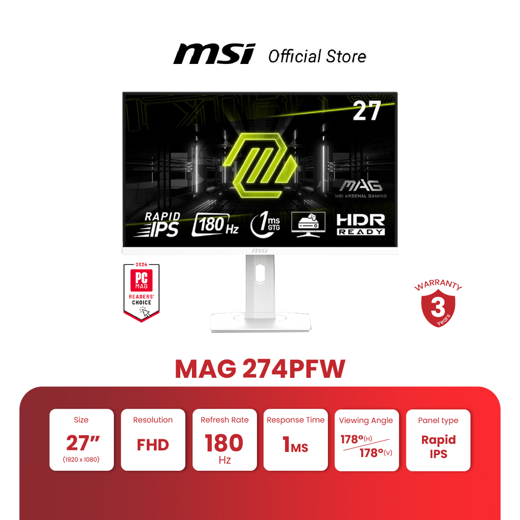 MSI MONITOR MAG 274PFW | 27" | FHD | Rapid IPS | 180Hz (จอคอมพิวเตอร์) [Pre-Order จัดส่งภายใน7-15วัน] ราคา 5,110 บาท*ส่งฟรี