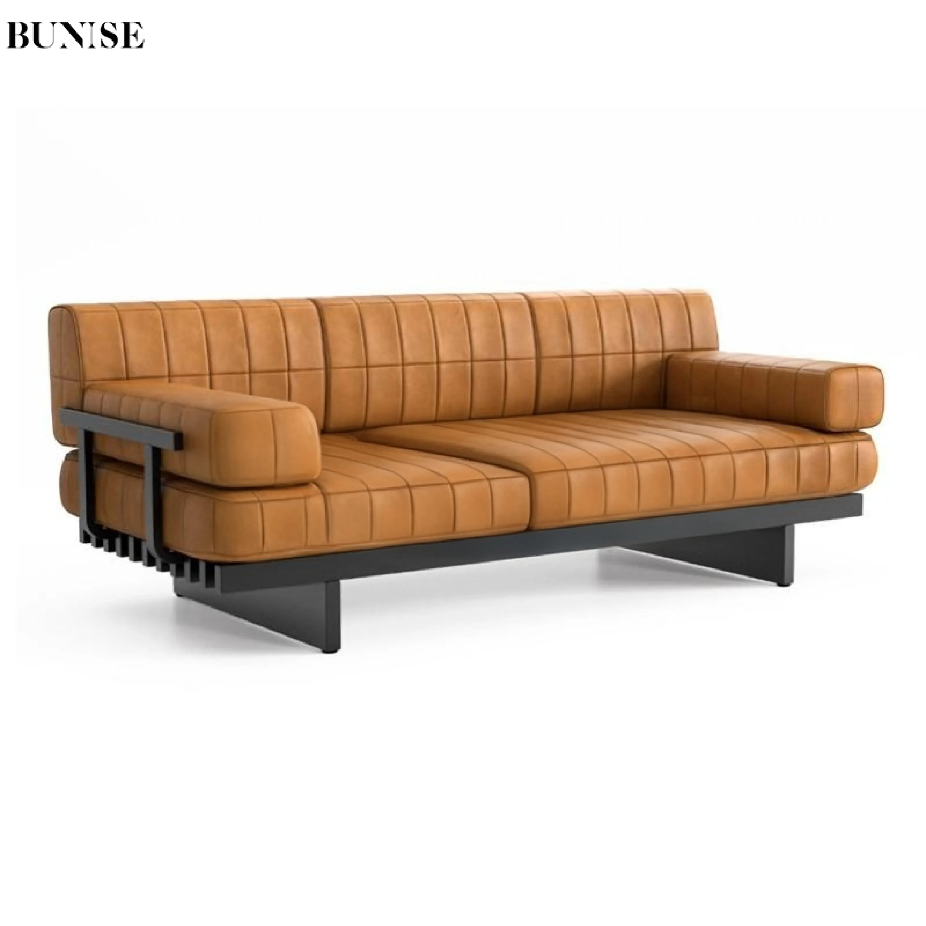 BUNISE A087 4 Seater Genuine Leather Sofa French Vintage Wabi Sabi Style Low Back Straight Modern Design Custom Made