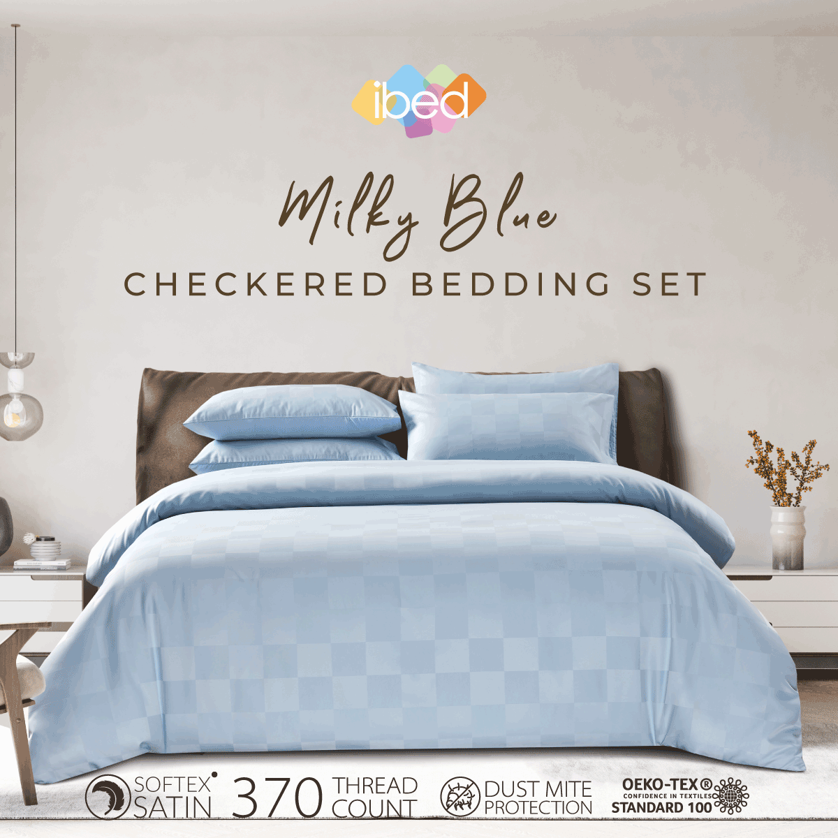 ibed ชุดผ้าปูที่นอนครบเซ็ท Softex Satin (ลายตาราง) Milky Blue 3.5 ฟุต,5 ฟุต,6 ฟุต - CHECKERED COLLECTION ราคา 1,040 บาท*ส่งฟรี