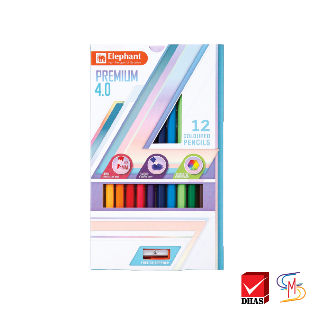 Elephant ตราช้าง สีไม้ ดินสอสีไม้ แท่งยาว พรีเมี่ยม 4.0 12 สี / 24 สี / 36 สี / 48 สี จำนวน 1 กล่อง