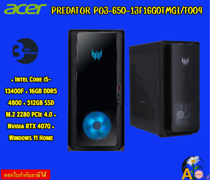 ACER PREDATOR PO3-650-13F16G0TMGI/T004-BK Windows 11 Home 512GB SSD M.2 2280 PCIe 4.0 Nvidia RTX 4070 3Y ราคา 56,047 บาท*ส่งฟรี