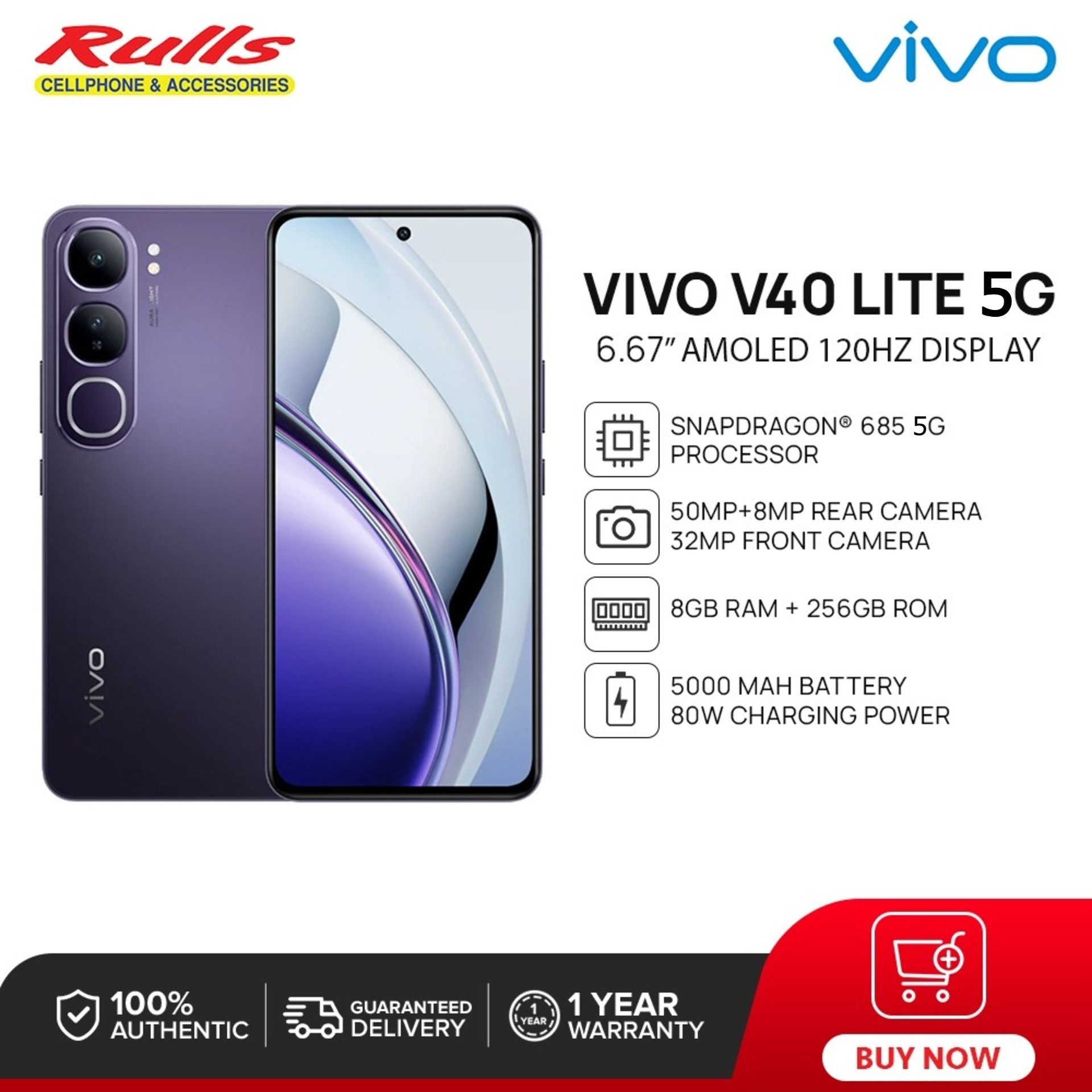 Vivo V40 Lite 5g | 8+256Gb | 5000Mah Battery | Fast Charge 80W | Amoled Screen 120Hz | Ip64 ราคา 4,652 บาท*ส่งฟรี