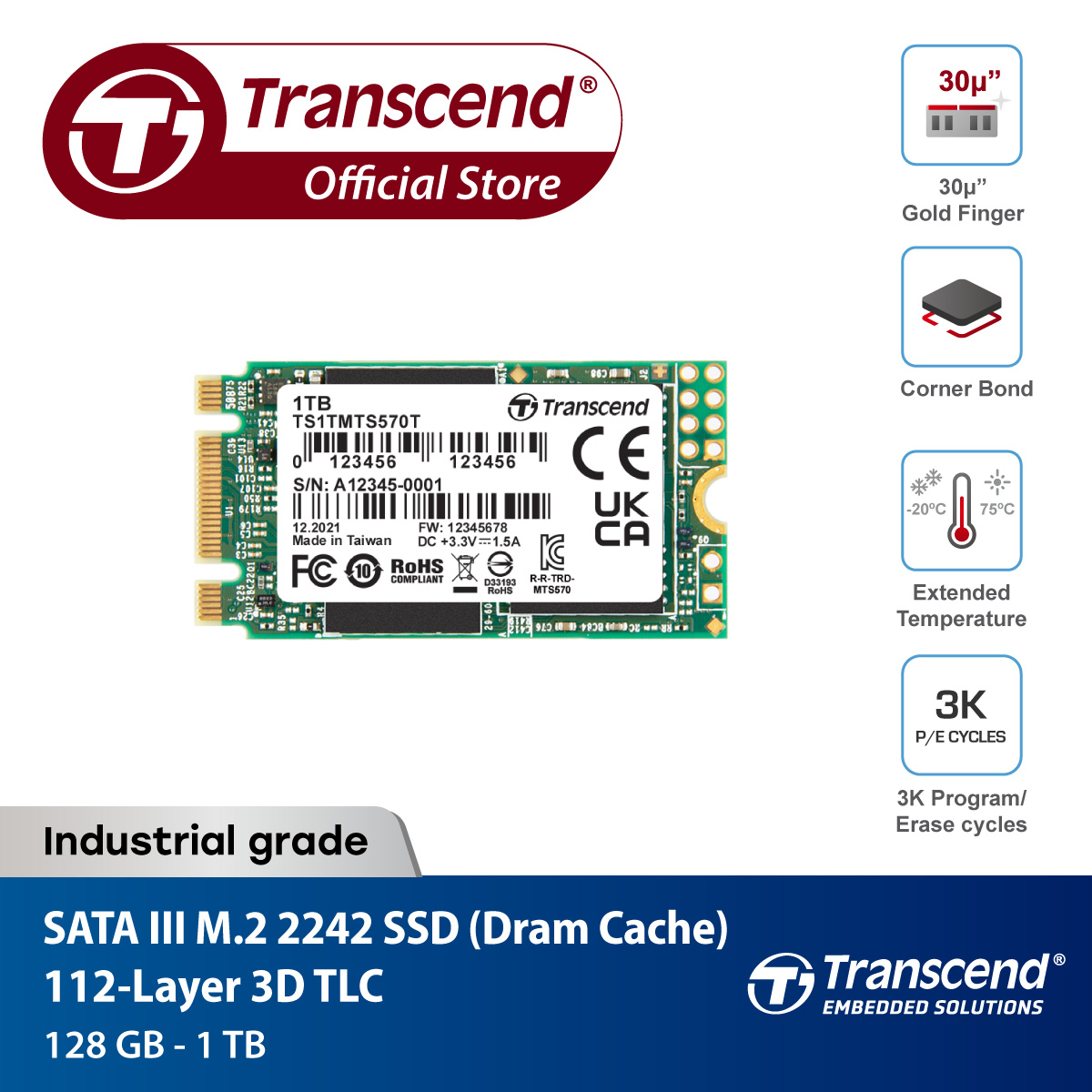 M.2 2242 MTS570T 512GB (Industrial Product) Transcend -รับประกัน 3 ปี มีใบกำกับภาษี ราคา 1,990 บาท*ส่งฟรี