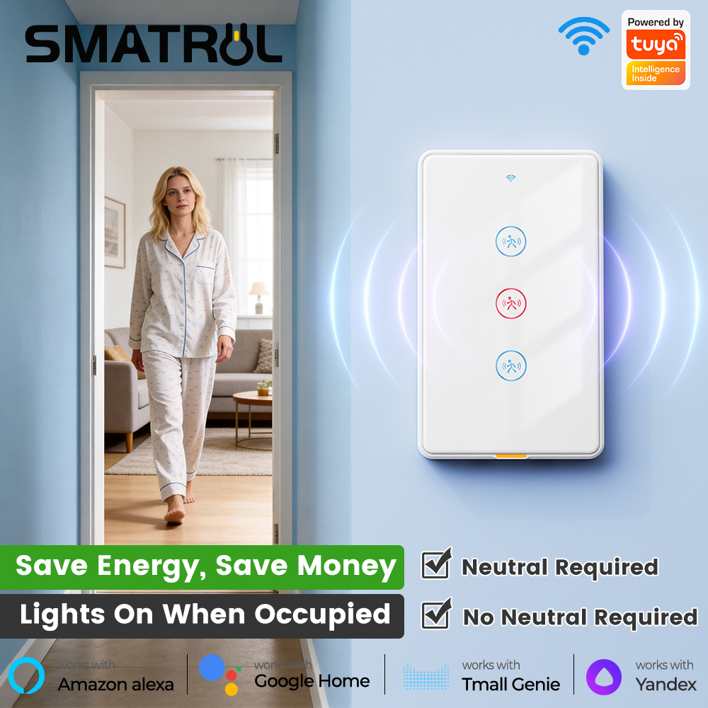 Smatrul Tuya Wifi Smart Radar Motion Sensor Switch 10g Human Presence Sensor 2-in-1 Neutral & No Neutral Wire 110-240V Wall Light Switch App Remote Control Alexa Google Assistant ราคา 859 บาท*ส่งฟรี