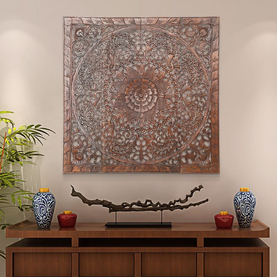 Thailucky Carved Wood Panels for Wall Decoration Carved Teak Wood Rectangular Flower Pattern, Golden Teak Wood, Retro Style, Hotel Decoration. Decorate Coffee Shops, Decorate Your Home. ราคา 11,999 บาท*ส่งฟรี