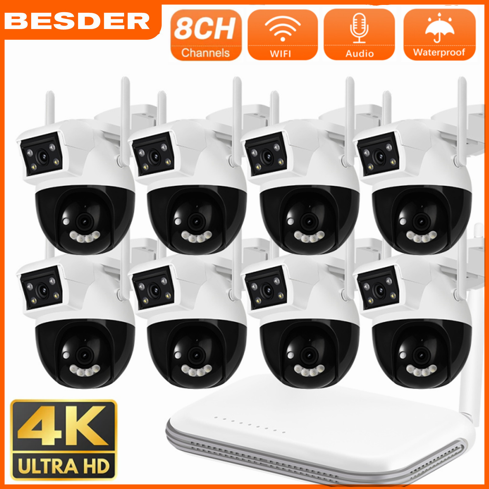 BESDER 8CH มินิ NVR 8MP กล้อง IP 4K WiFi กล้องเลนส์คู่หน้าจออัตโนมัติการติดตาม Ai การตรวจจับร่างกายมนุษย์กล้องกันน้ำกลางแจ้งซูม Full Color Night Vision CCTV ชุดเฝ้าระวัง ราคา 3,317 บาท*ส่งฟรี