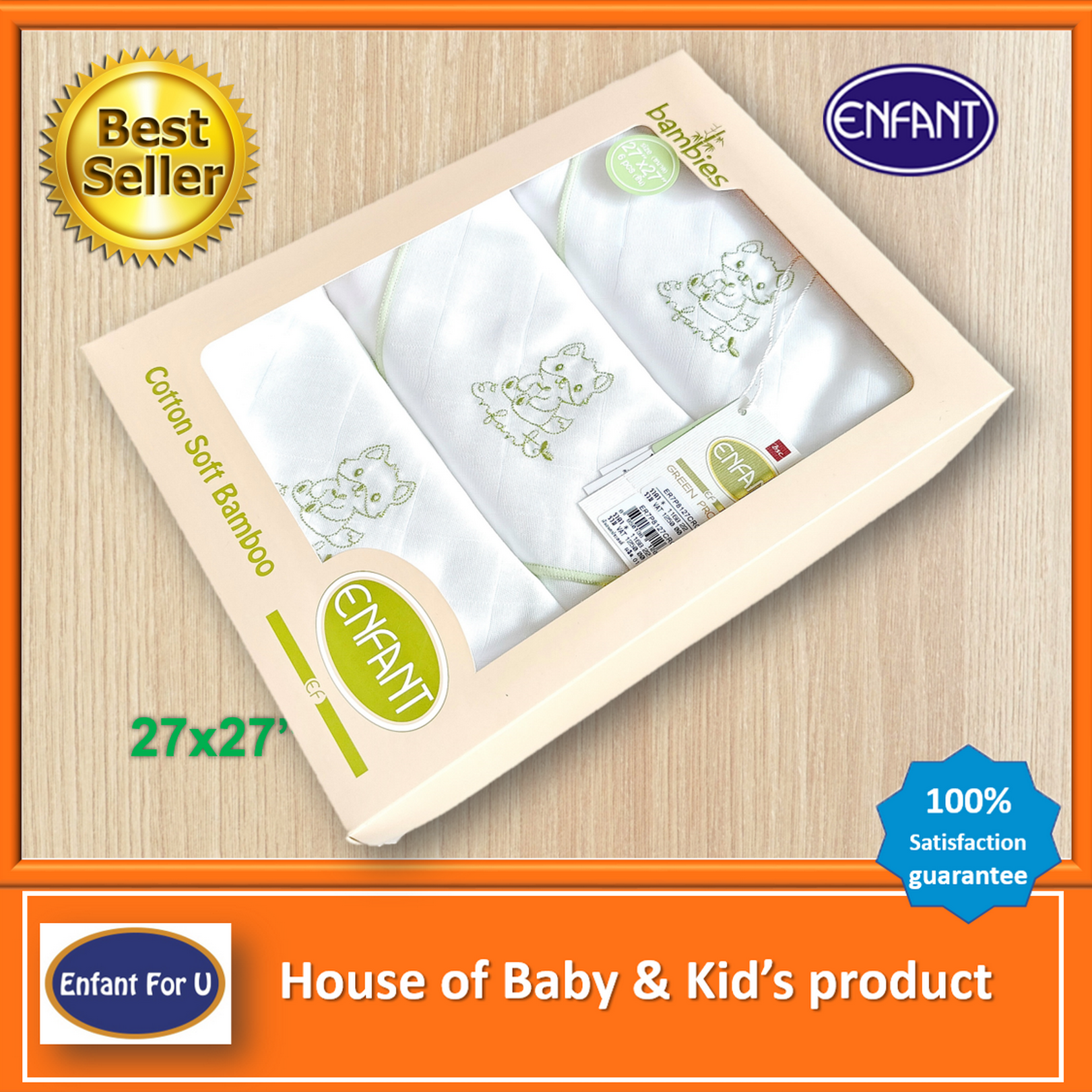 Sale Brand name wash clothes Enfant green bamboo 27*27" _ highest grade ราคา 959 บาท*ส่งฟรี