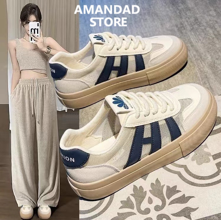 Qiaoyiluo thick sole small white shoes for women breathable casual vintage board sneakers new style ราคา 199 บาท*ส่งฟรี