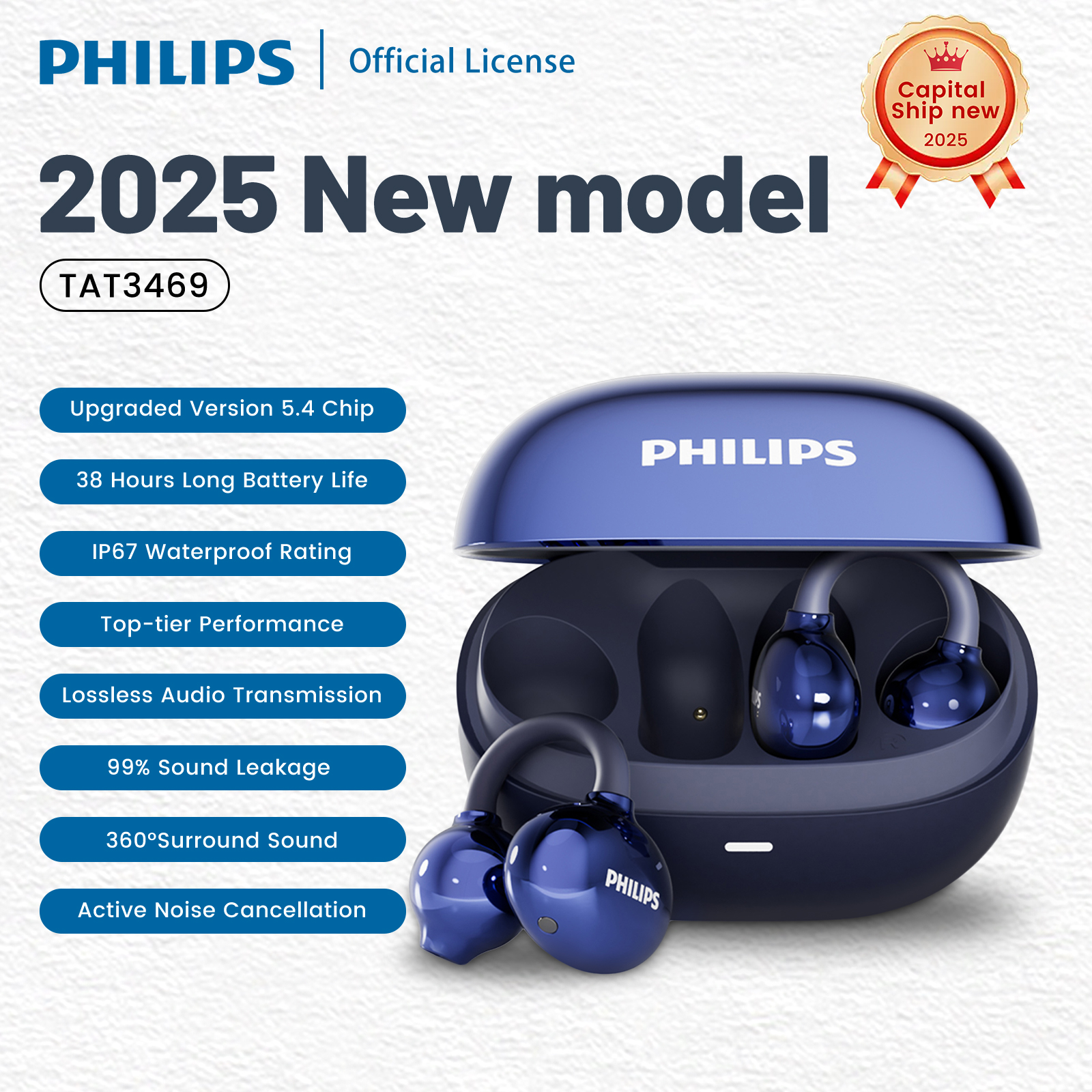Philips Tat3469 Bluetooth Headset Ear Clip Wireless Bone Conduction Concept Call Noise Reduction Comfortable Wearing Sports 360 °   Panoramic Sound Effect