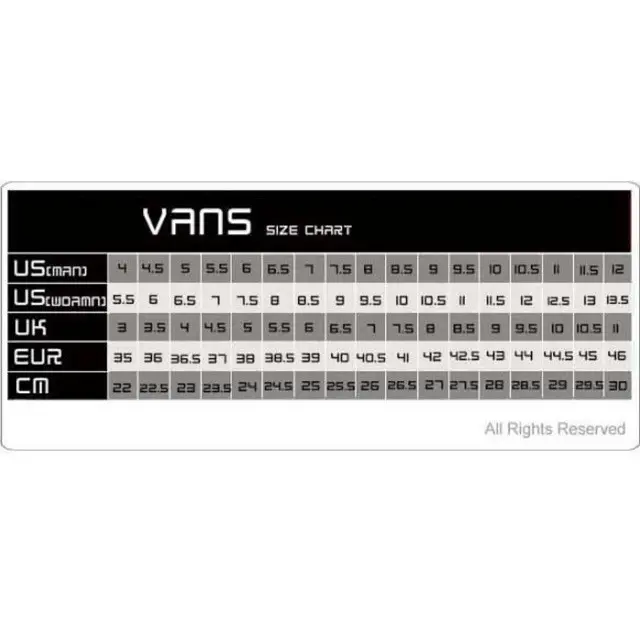 vans vault size chart