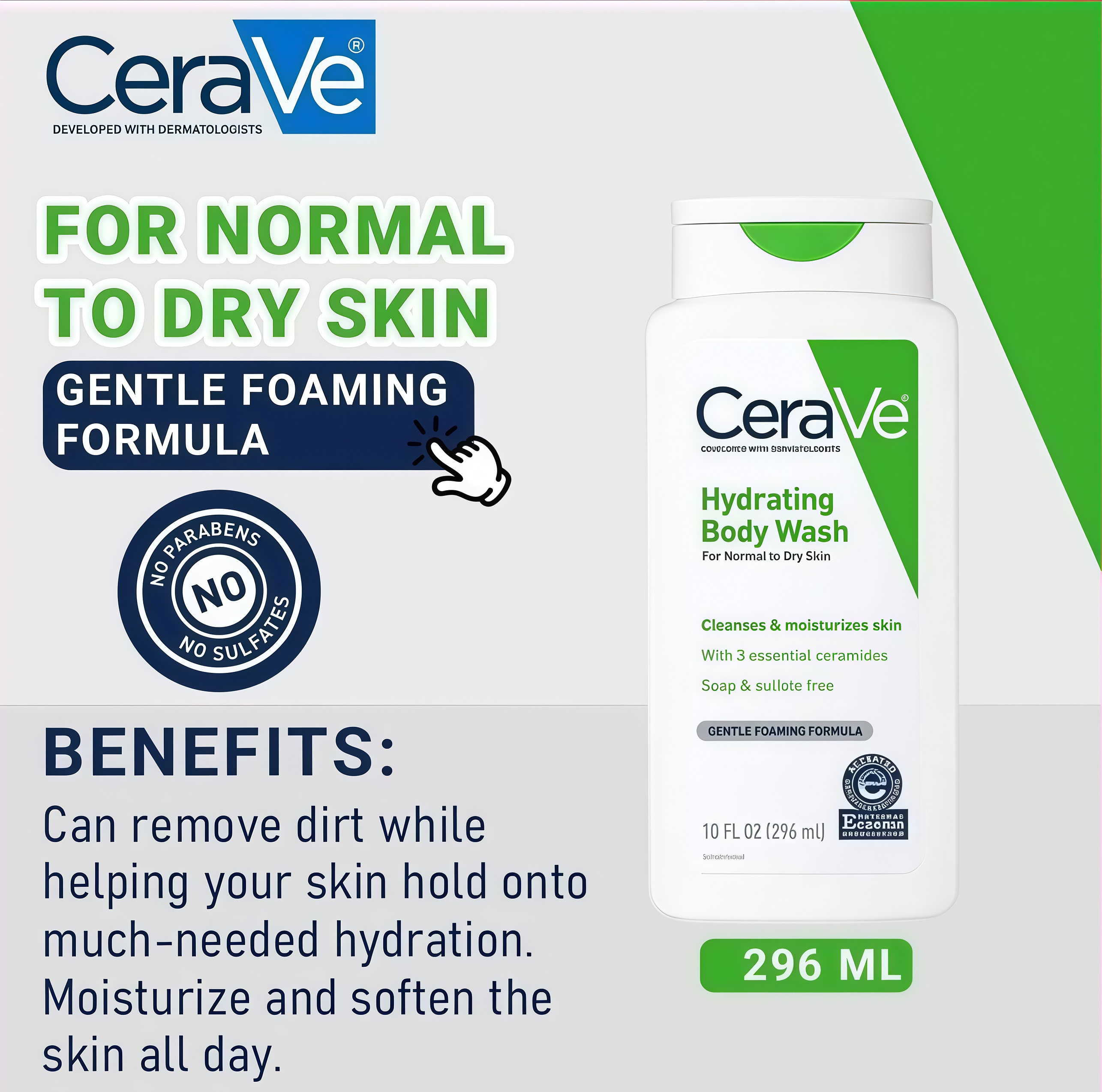 Cerave Hydrating Body Wash, Moisturizing Bath Soap for Dry Skin, Combines 3 Ceramides and Hyaluronic Acid, Gentle on Sensitive Skin, 296ml. ราคา 255 บาท*ส่งฟรี