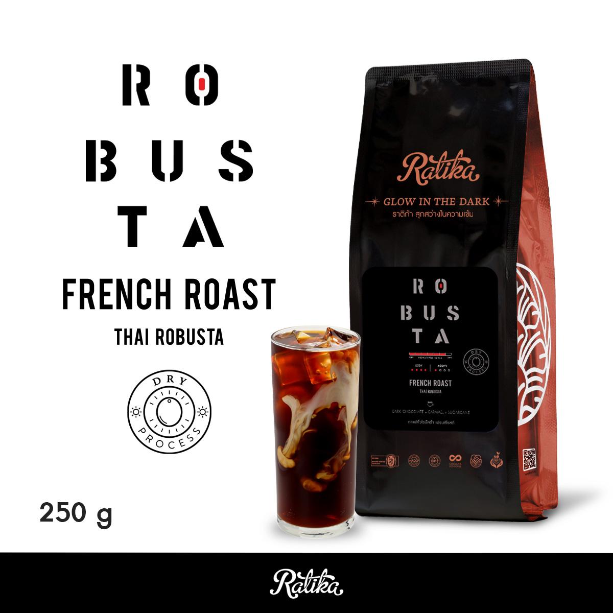Ratika เมล็ดกาแฟคั่ว Ratika Coffee Robusta : กาแฟราติก้า โรบัสต้าแท้ 100% คั่วเข้ม ขนาด 250 กรัม ราคา 105 บาท*ส่งฟรี