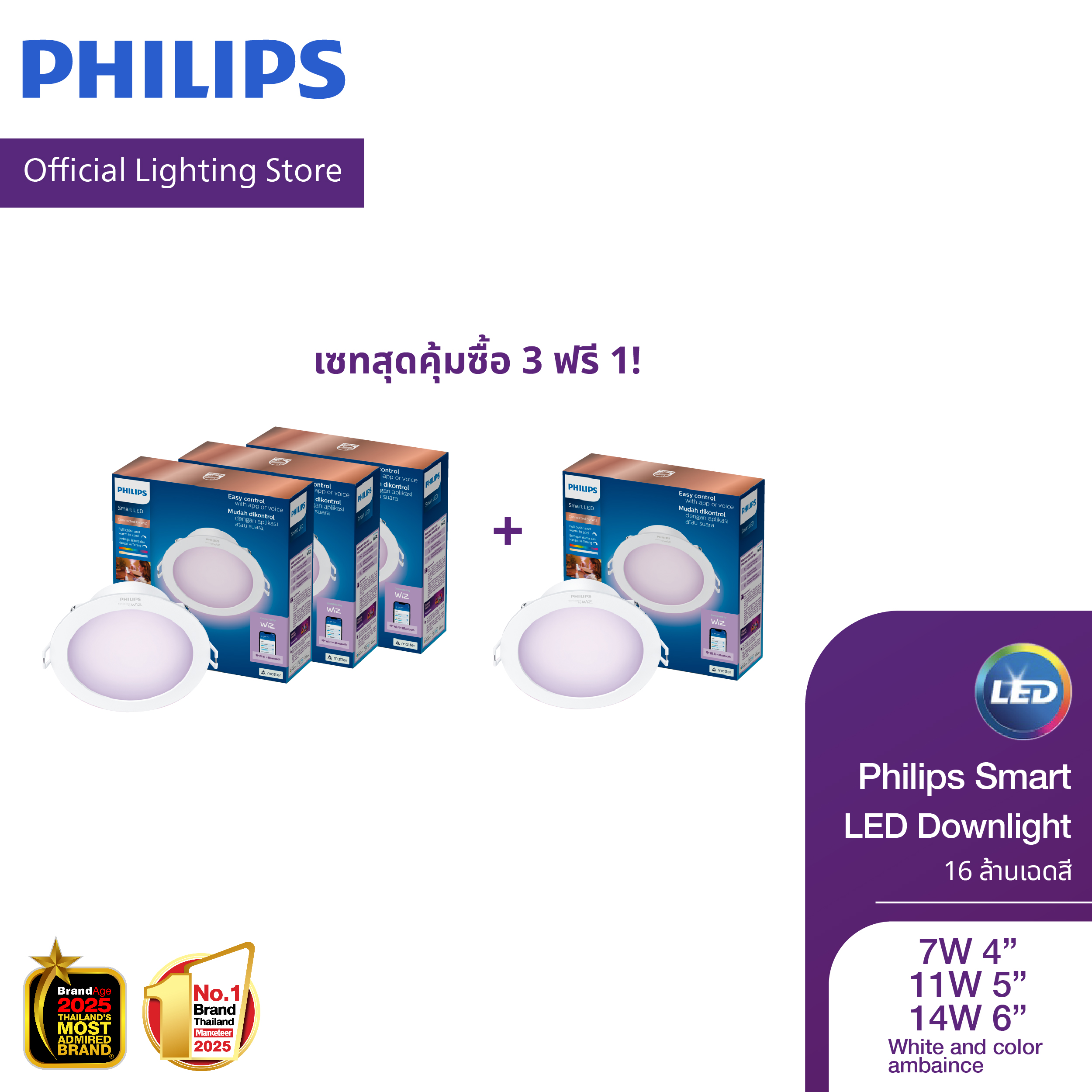 [Set of 3, Get 1 Free] Philips Smart Led Downlight Rgb, Smart Downlight with 16 Million Color Shades, Uses Wifi2.4Ghz and the Wiz App. ราคา 2,670 บาท*ส่งฟรี