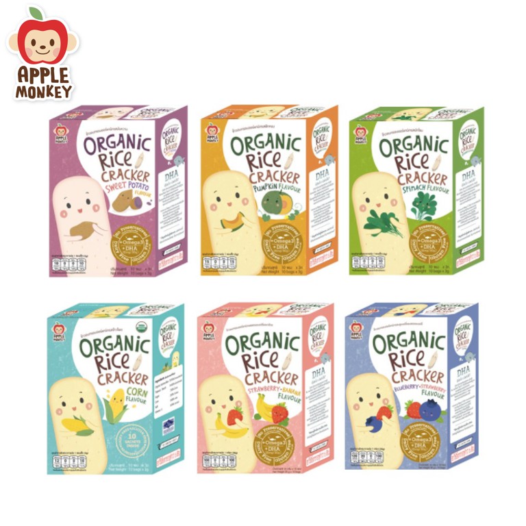 ลองดูภาพสินค้า Apple Monkey Organic Rice Cracker ข้าวอบกรอบออร์แกนิก สำหรับเด็ก 8 เดือนขึ้นไป