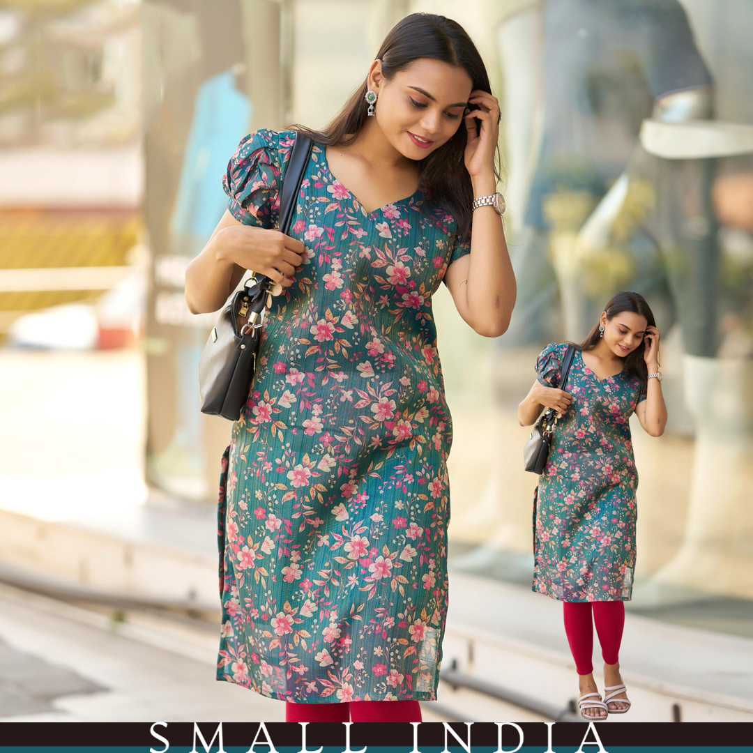 {**ส่งฟรี**} SMALL INDIA ✨👚 Trending Pattern Blue Printed Kurti Top เสื้อผู้หญิง ✨👚 Women Kurti Top ราคา 1,399 บาท*ส่งฟรี
