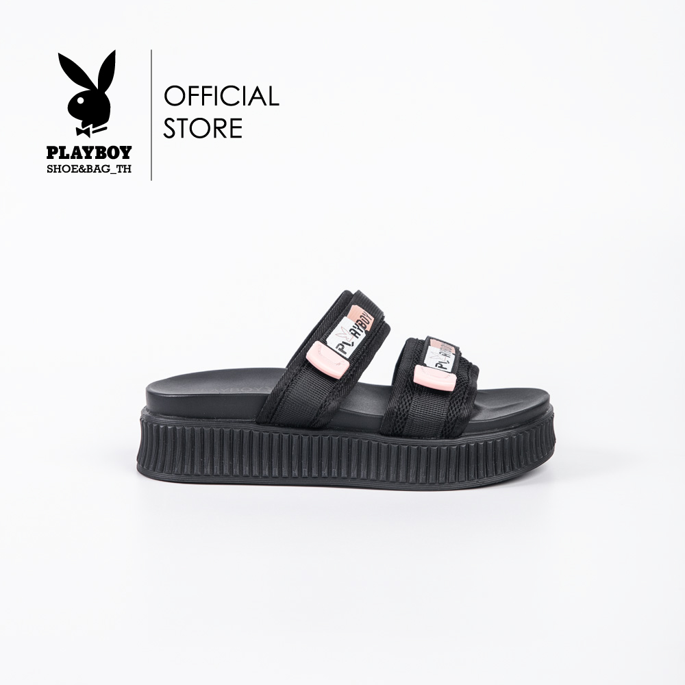 Playboy genuine patent ST-HS234C101 thick bottom slippers, thick double strap adjustable platform sandals, available in 2 colors, black and white. ราคา 747 บาท*ส่งฟรี