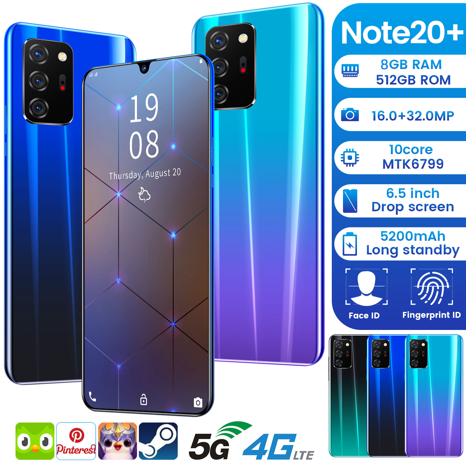 Note20+ 5G smartphone phone Ultra-thin Lithium-ion battery Wifi Smart โทรศัพท์มือถือNote20+ 8GB+512GB มือถือราคาถูก โทรศัพท์เกม โทรศัพท์สมาร์โทรศัพท์สำหรับเล่นเกม โทรศัพท์สมาร์ท โทรศัพท์มือถือถูกๆ
