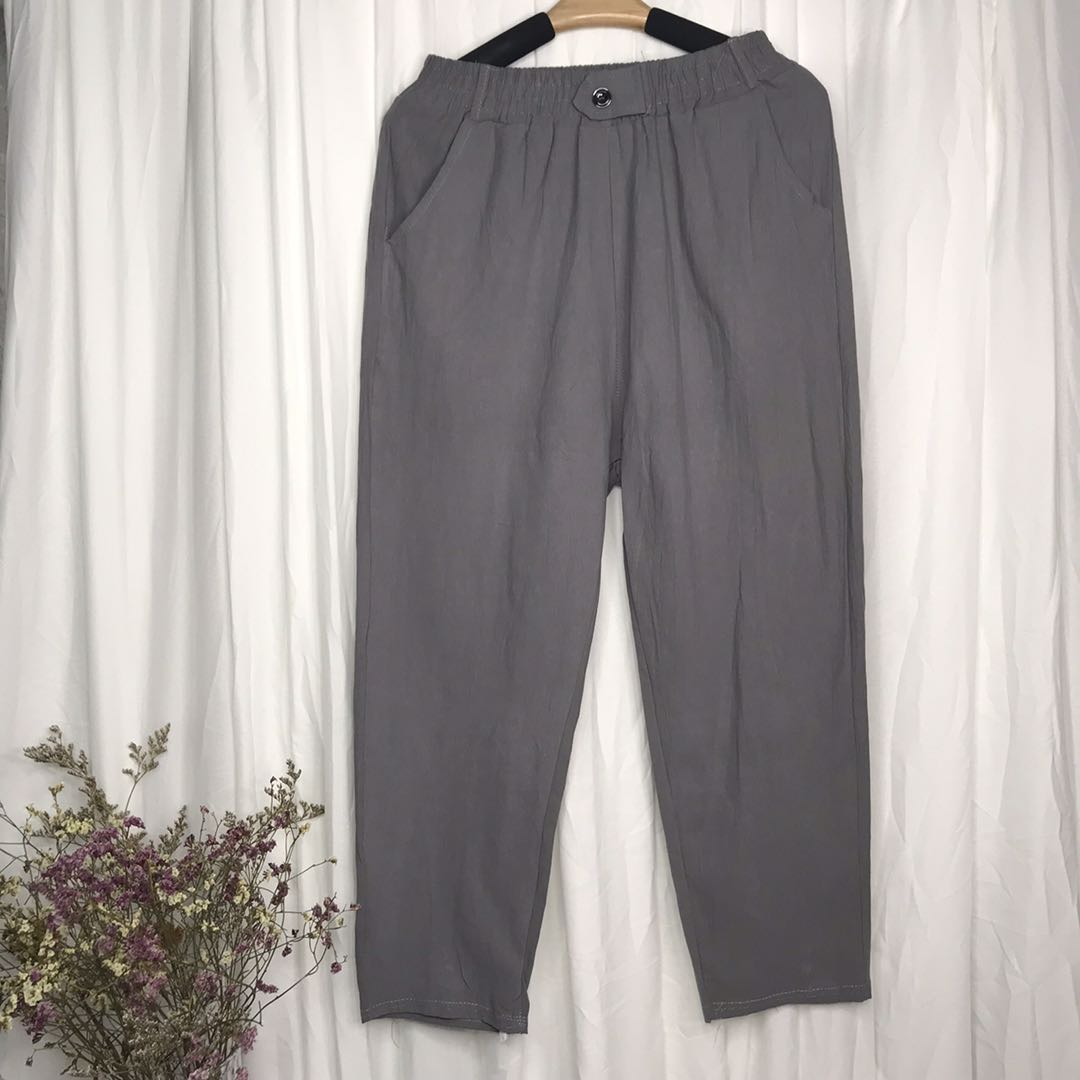 ผ้าฝ้ายผ้าลินินผ้าลินินพับหญิงใหม่ปุ่มเอวยางยืดเอวกางเกงลำลองกางเกงมี 6 สี