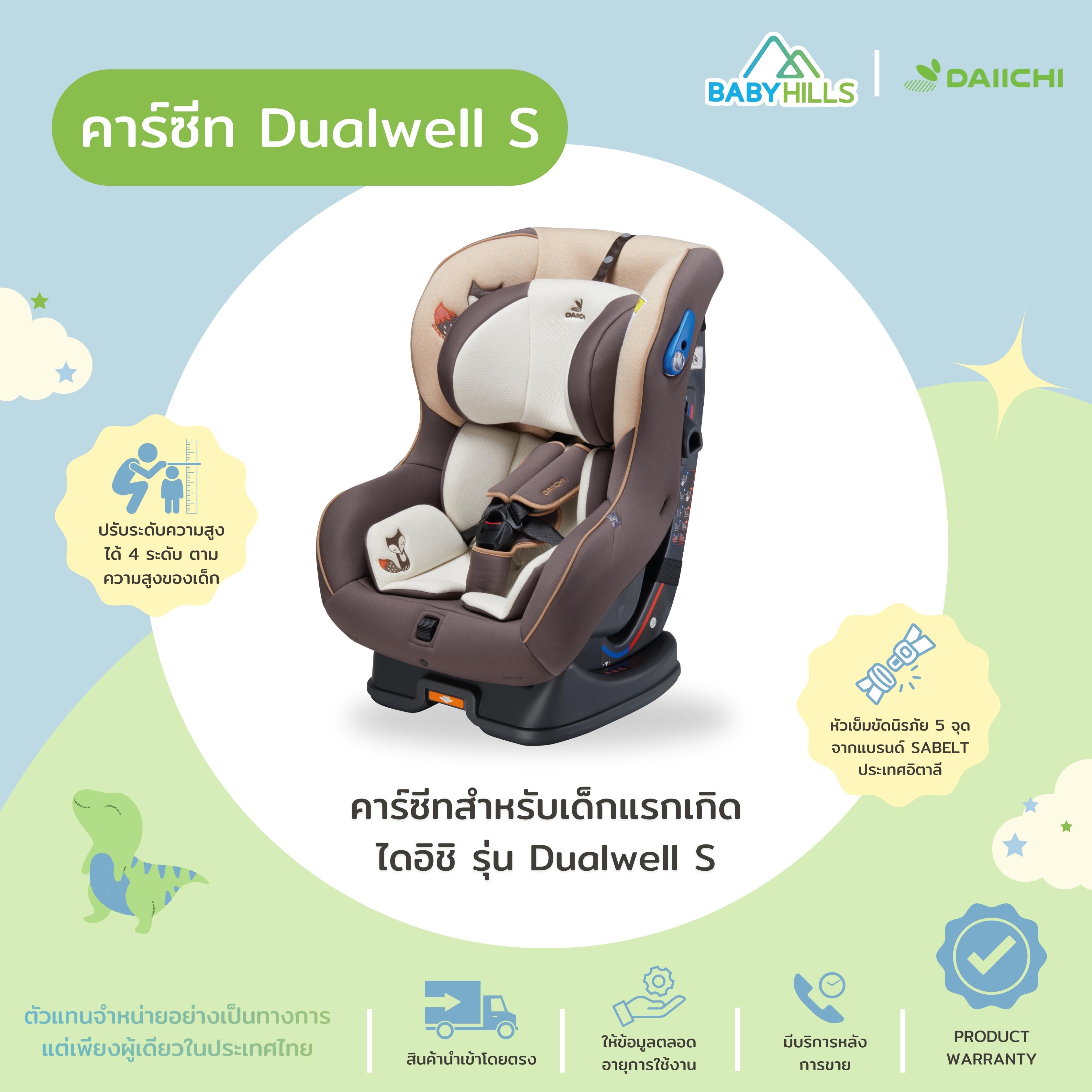 DAIICHI - Dualwell S คาร์ซีทไดอิชิ สำหรับเด็กแรกเกิด 0-5 ปี รับน้ำหนักได้ถึง 18 kg ปรับพนักพิงตามอายุเด็ก ปรับเอนนอนได้ 146° มี 3 สี ราคา 14,900 บาท*ส่งฟรี