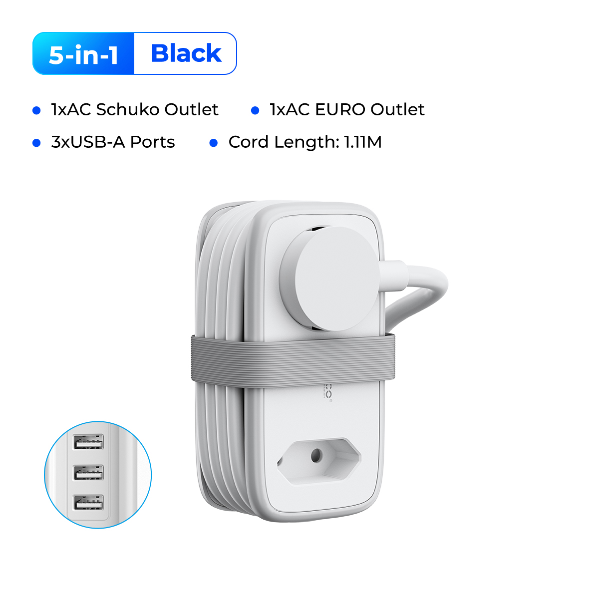 ORICO USB C Ổ Cắm Điện Dài Du Lịch Xách Tay Ổ Cắm Điện Có Dây Với 2 Cửa Hàng 3 Cổng USB (1 USB C) US