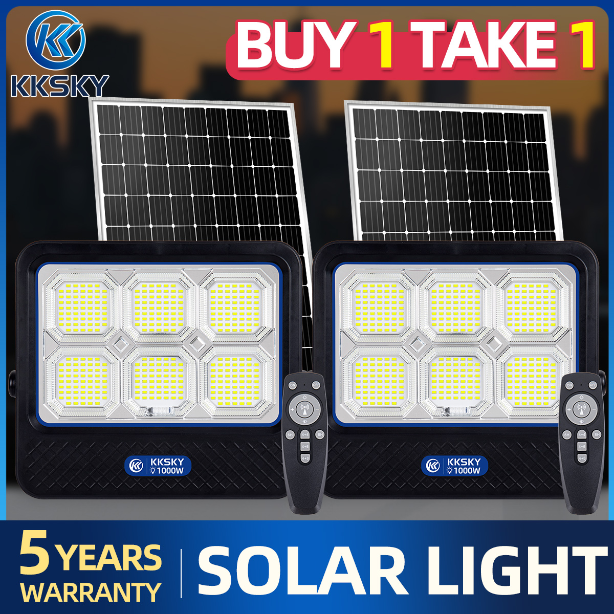 Kksky Solar Cell Buy 1 Get 1 Free, Solar Cell Light 1000W, Spotlight, Solar Light, Waterproof, Lightning Protection, White Light, with Remote Control ราคา 1,625 บาท*ส่งฟรี