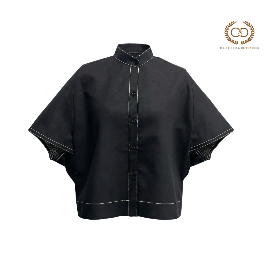C&D Woman's Blouse Linen Fusion Women's Shirt, Stand-Up Collar, Short Sleeves, Black C9Zwbl ราคา 1,990 บาท*ส่งฟรี