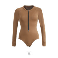 SS2025 BASIC BODYSUIT WOODEN BROWN บอดี้สุทแขนยาวซิบหน้า มีฟองน้ำในตัวผ้าหนา กัน UV UPF 50+
