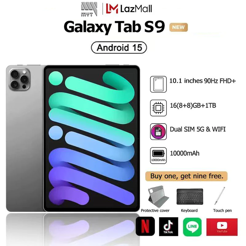 【Buy 1 Get 9 Free】 Tablet S9 Supports Sim 2025 Tablet 5g Android15 Ram 16Gb Rom 1Tb Tablet 10.1 Inch Full Hd Dual Sim ราคา 2,799 บาท*ส่งฟรี