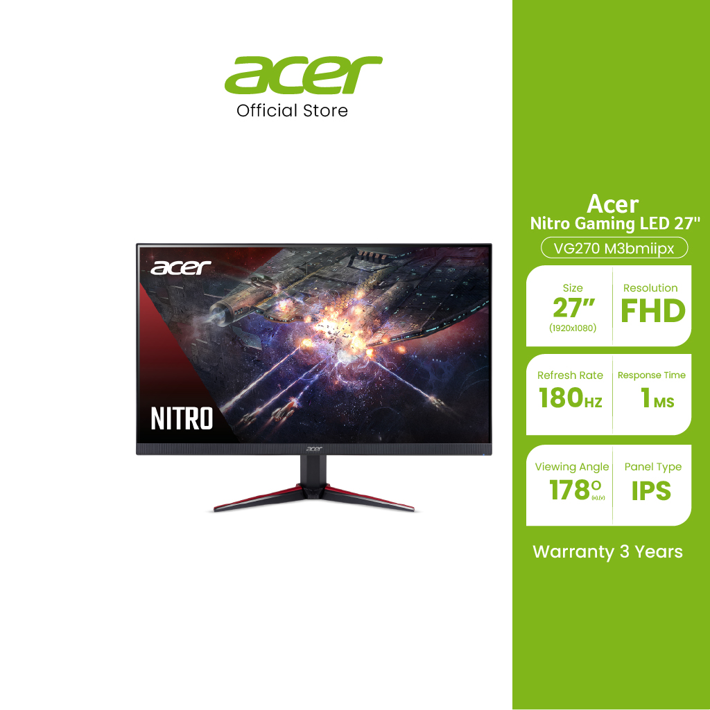 ACER Nitro Gaming LED VG270 M3bmiipx / 27" FHD / 1ms / 180Hz / IPS (จอมอนิเตอร์) ราคา 6,990 บาท*ส่งฟรี