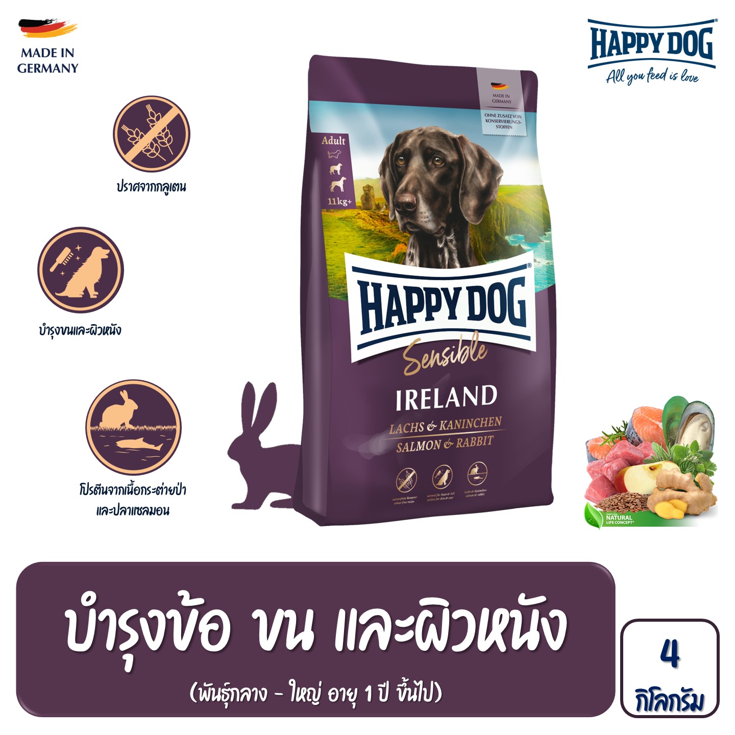 Happy Dog Ireland สุนัขโตพันธุ์กลาง - ใหญ่ สูตรเนื้อกระต่ายป่าและปลาแซลมอน 4 Kg ราคา 1,090 บาท*ส่งฟรี