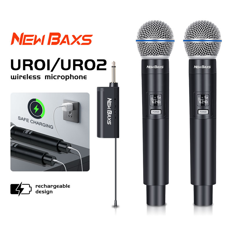 NewBaxs UR01/UR02/UR04 wireless microphone 2 handheld microphone 50m receiving distance UHF FM cyclic charge no disturb KTV Partys Weddings stage band performance 1000mAh ราคา 329 บาท*ส่งฟรี
